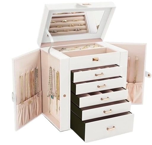 V178-36226-202507301341-00 CARLA HOME 6-Layer Large Jewelry Box for Women withDrawers, Mirror, Lock, Necklace Hooks & Side Compartments for Rings, Earrings, Bracelets, Gifts (White) - Image 1