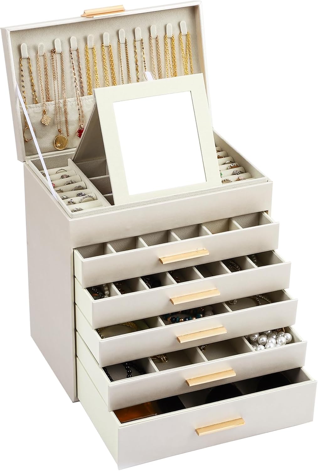 V178-36229-202507301341-00 CARLA HOME 6-Layer Large Jewelry Organizer Box for Women with Mirror, Drawers, Hooks & Dividers for Rings, Necklaces, Bracelets, Ideal Gift for Women (White) - Image 1