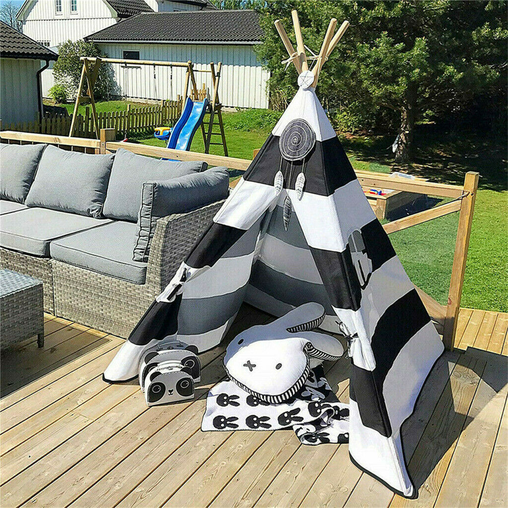 V178-66795-202508051030-00 Kids Teepee Tent Linen Wood Black White Stripe Playhouse Indoor Garden - Image 1