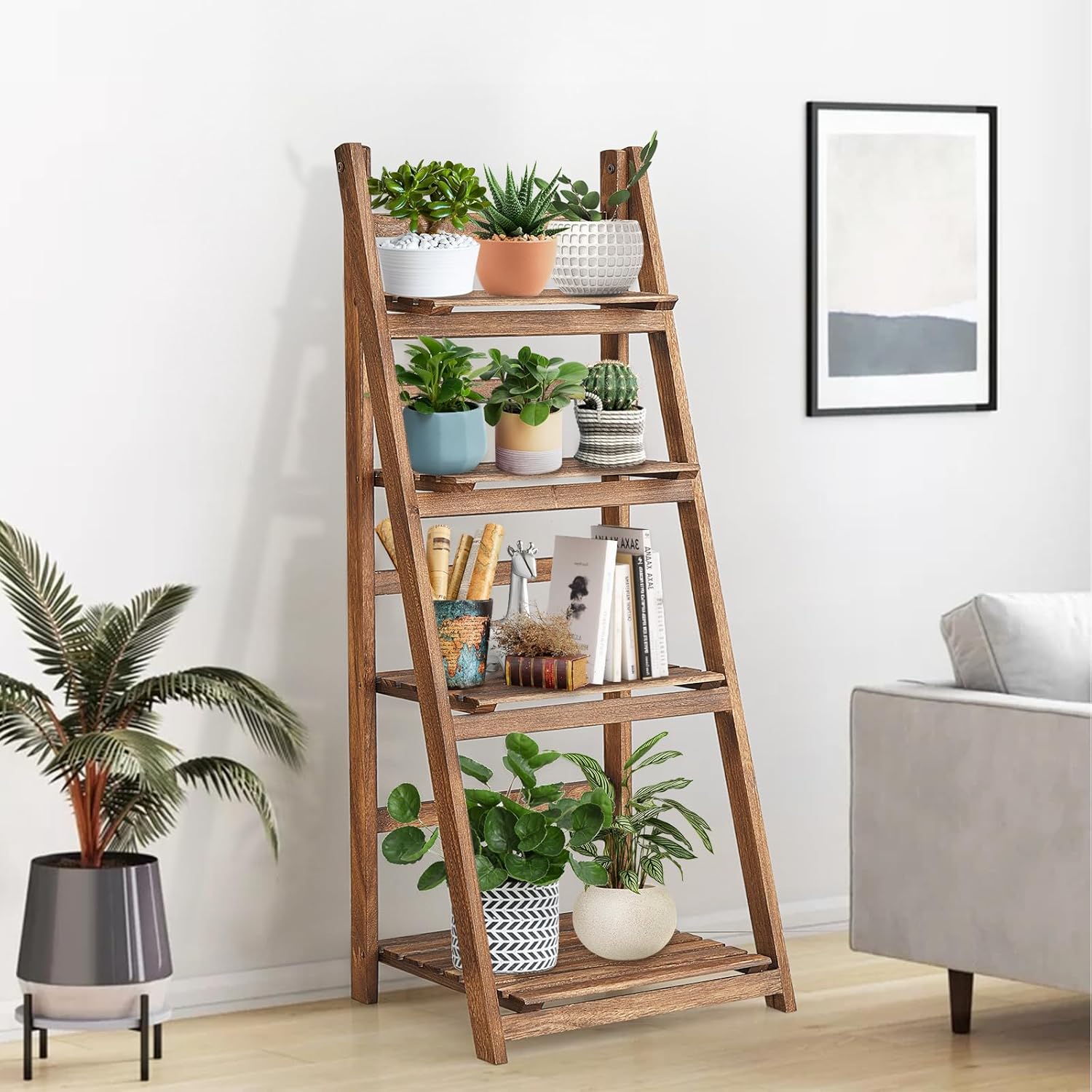 V178-66837-202508051005-00 Rustic Wood 4 Tier Plant Stand Bookshelf 38CM Corner Shelf - Image 1