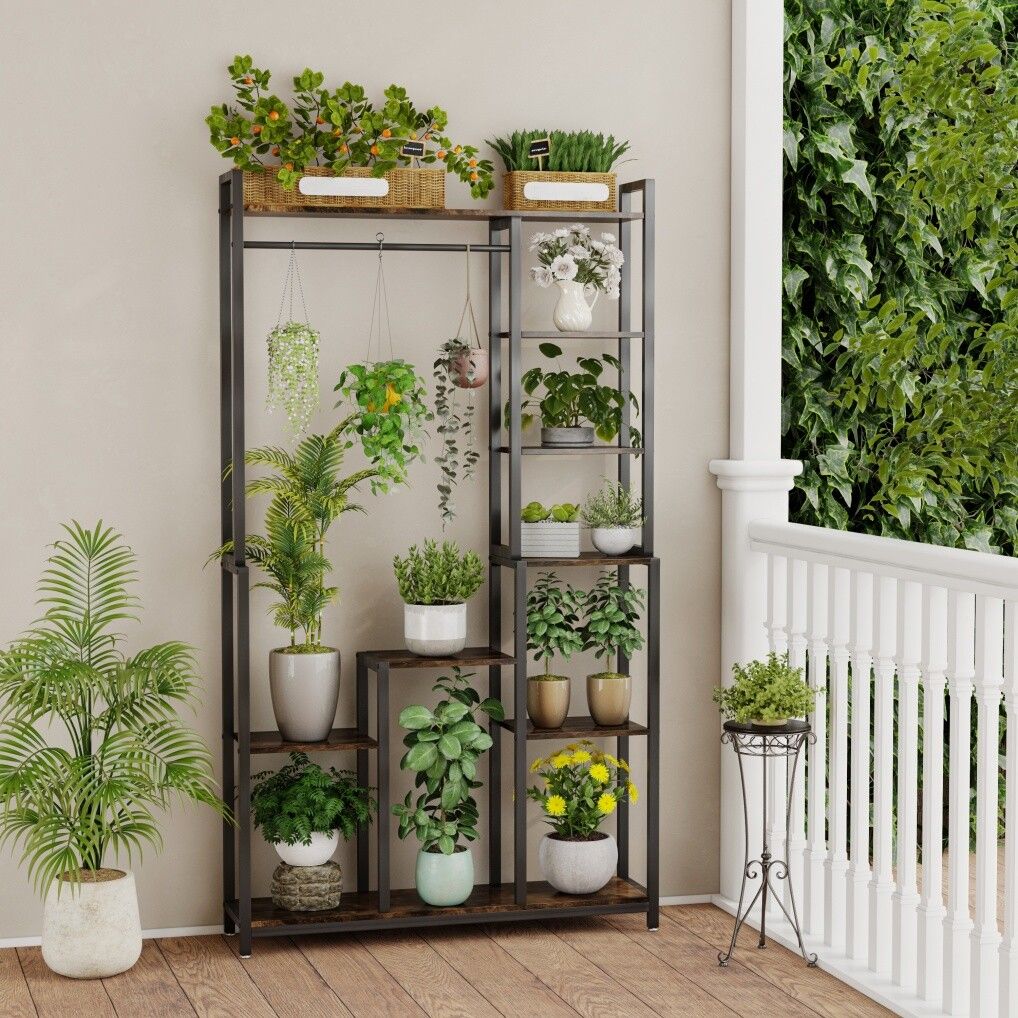 V178-66989-202508050945-00 Plant Stand Shelf Rack with Hanging Rod Indoor Outdoor Display - Image 1