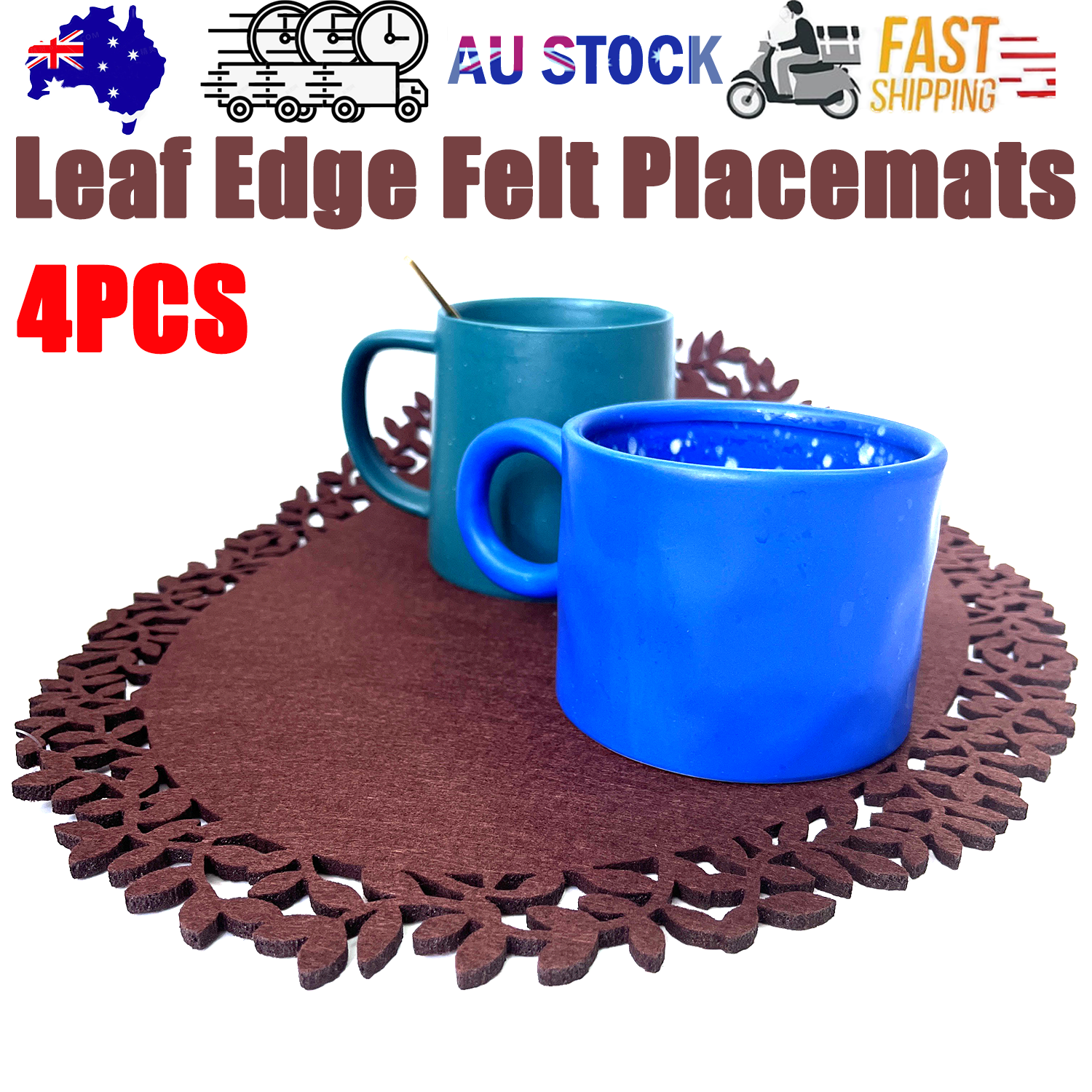 V201-W12583083-202507071033-00 4Pc Leaf Edge Felt Placemats Heat Insulation Coffee Cup Mat Table Decor At First - Image 1