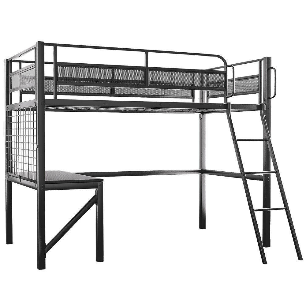 V219-BEDSBBKSL9GA-202507090942-00 Gaming Loft Bed with Desk, Gridwall, Steel Metal Frame, Space Saving Design, for Single Mattress, Matte Dark Grey - Image 1