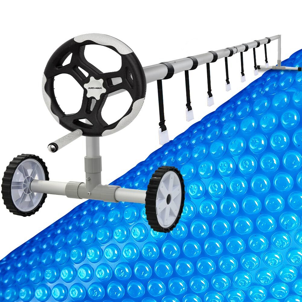 V219-SWPCOMAURA7G84B-202508111521-00 AURELAQUA Pool Cover Roller and 8.5x4.2m Solar Blanket 400 Micron, Blue/Blue - Image 1