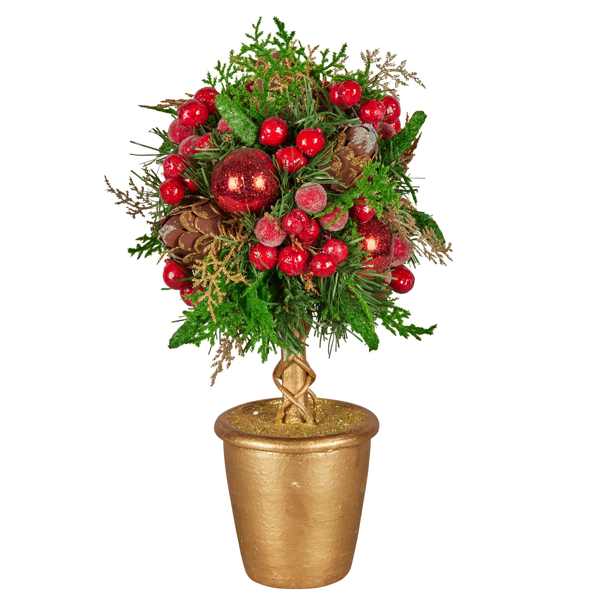 V240-112_GUE504-202509090835-00 Christabelle 36cm Christmas Tabletop Topiary Tree Pre-Decorated Berries, Baubles & Pine Cones Gold Pot Twisted Stem Festive Decoration - Image 1