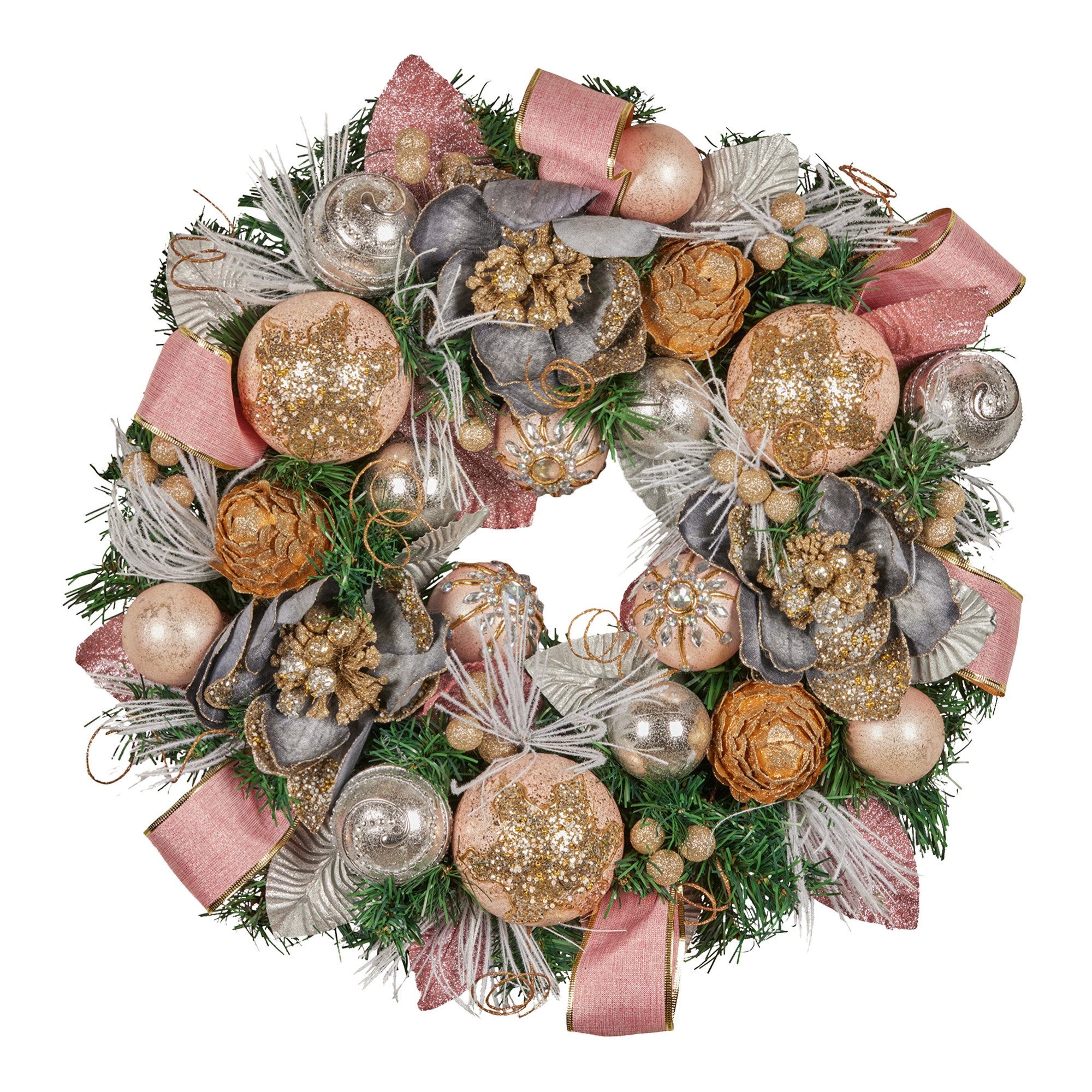 V240-112_GUE523-202509090836-00 Christabelle 56cm Christmas Wreath Lush Green Holiday Door Wreath w/Jewelled Baubles, Foliage, Flowers, Pine Cones, Ribb - Image 1