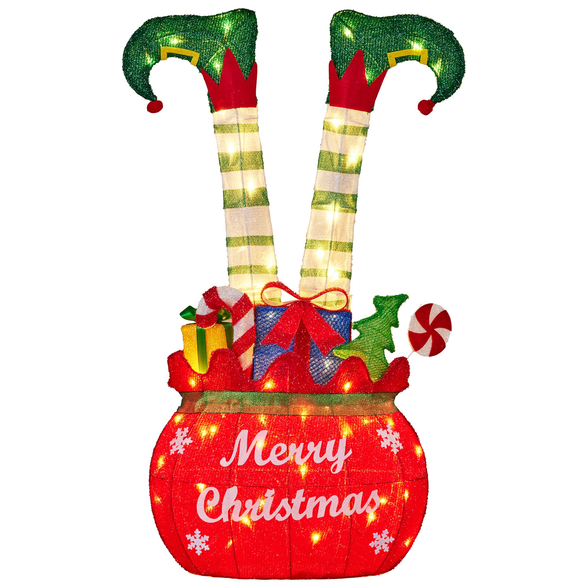 V240-112_MHA611-202509170825-00 Christabelle Elf in Gift Sack Christmas Display Warm White LED Lights 86cm for Decoration w/Wire Frame Construction - Image 1