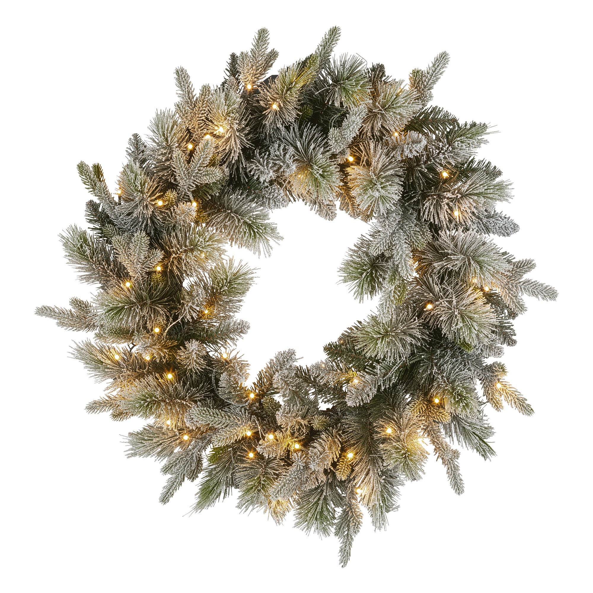 V240-112_NATSS76-202509101025-00 National Tree Company 76cm Pre Lit Snowy Stamford Spruce Battery Operated Christmas Wreath w/LED Lights & Timer - Image 1