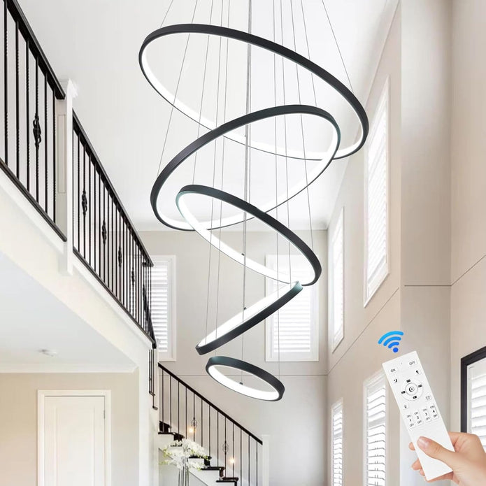 V255-BAM-188015-BLK-202508111520-00 BAMDECOR A18801 Modern LED Chandelier, Dimmable Pendant Light with Remote Control Rings Round Ceiling Lighting Fixture 3 Color Temperatures Contemporary Chandeliers (5 Rings-Black) - Image 1