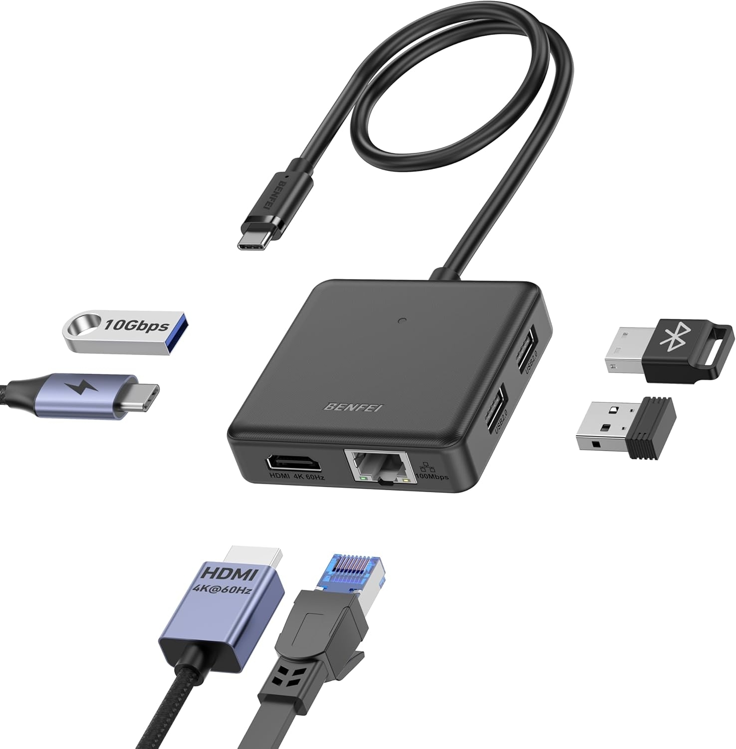 V28-ELEBEN399BK-202507311010-00 BENFEI 399BK 6-in-1 USB-C HUB to HDMI(8K)+USB3.2(10Gbps)+USB2.0x2+PD100W+RJ45 Black - Image 1