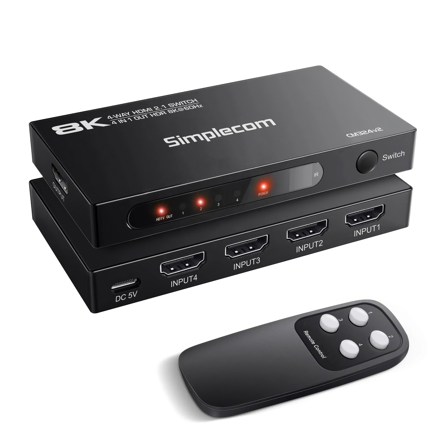 V28-SIMCM324V2-202507081120-00 Simplecom CM324v2 4-Port HDMI 2.1 Switch with Remote 4 IN 1 OUT Splitter HDCP 2.3 8K@60Hz - Image 1