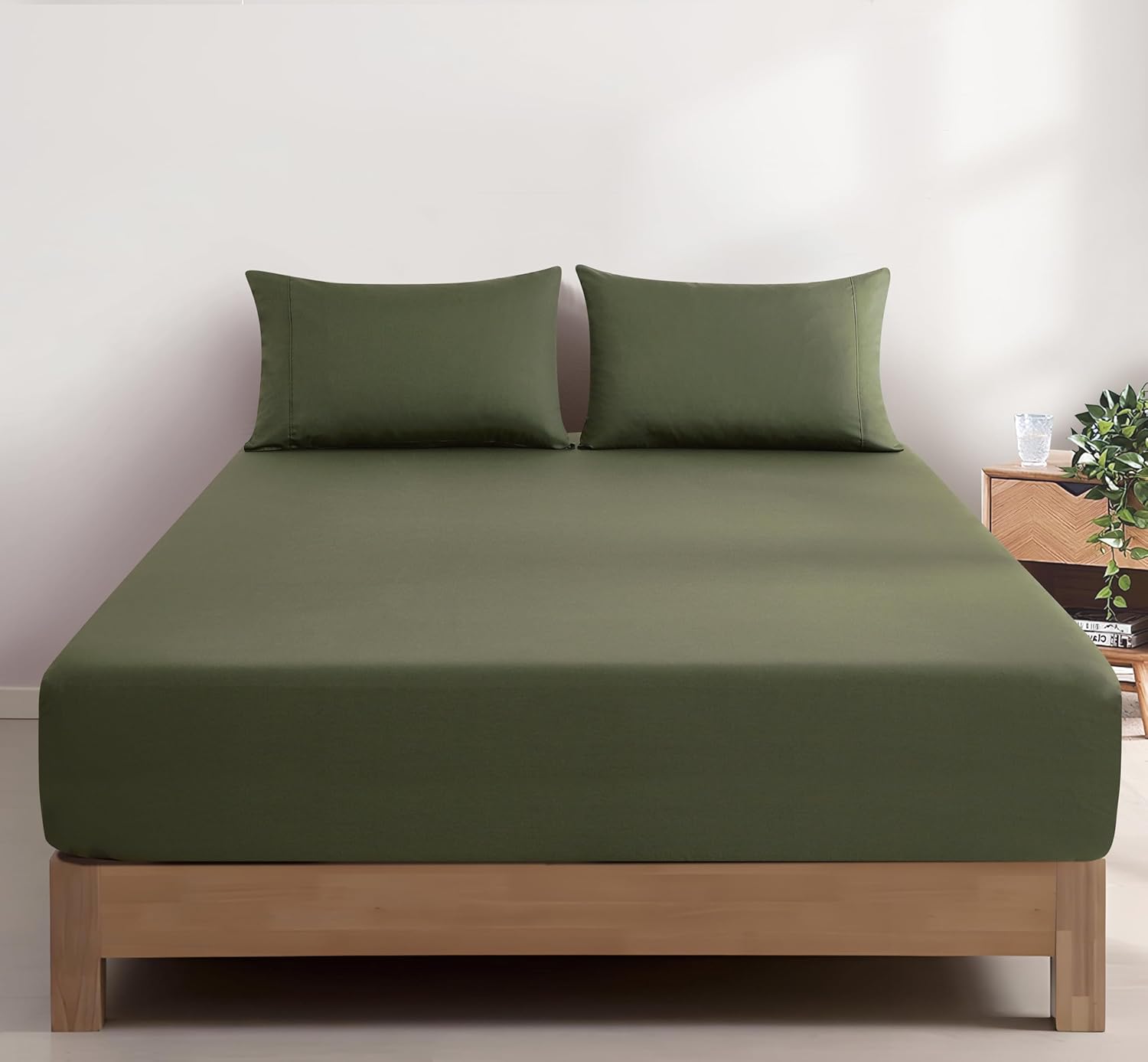 V439-AFSETWASHKG-202507150921-00 100% Vintage Washed Cotton Fitted Sheet Combo Set – 100% Natural Cotton, Ultra Soft & Breathable – Includes Fitted Sheet & Pillowcases – Machine Washable (Khaki Green, Single) - Image 1