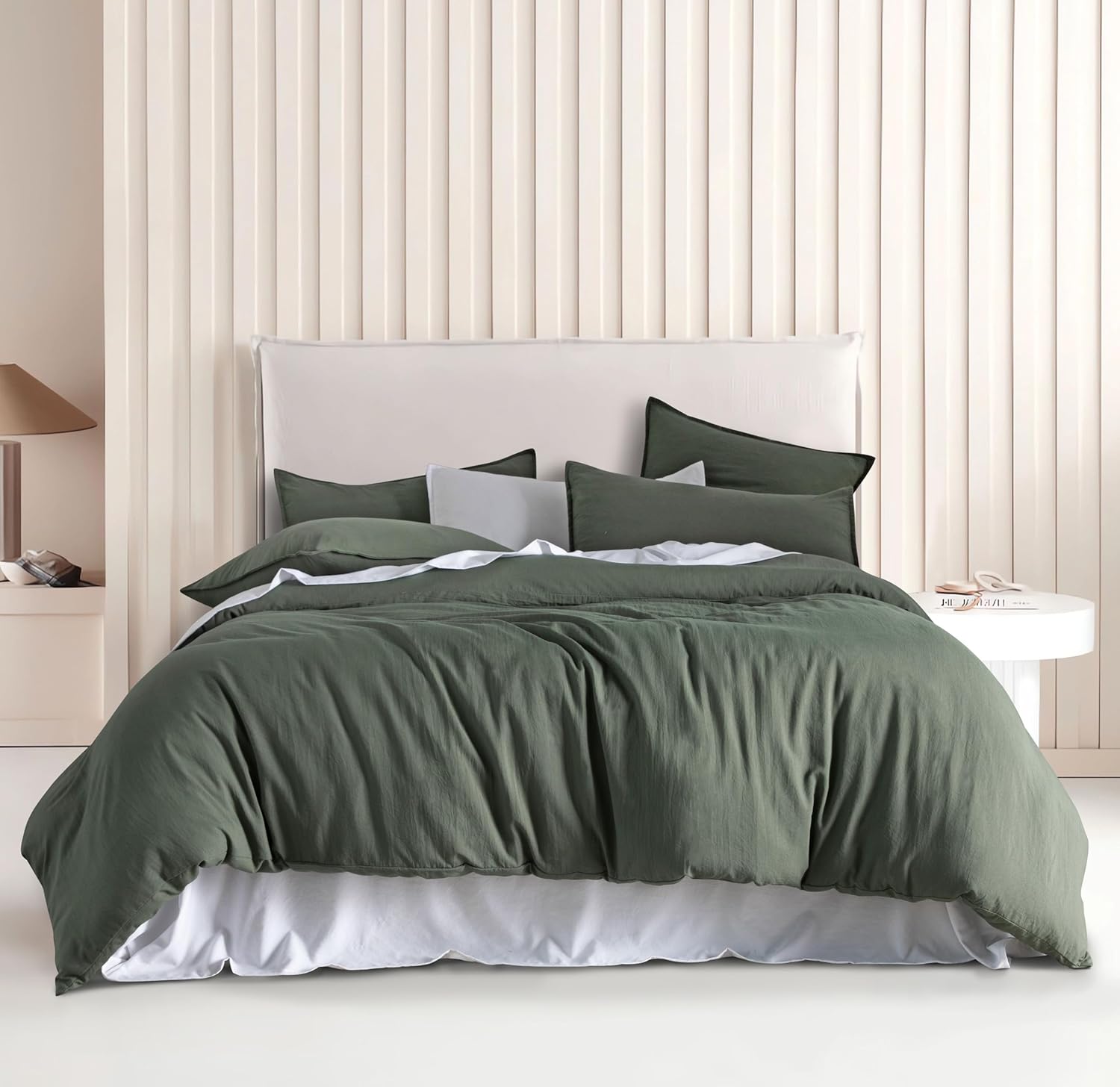 V439-BQSKHAKIWM-202507150910-00 Vintage Washed Microfibre Quilt Cover Set (3Pcs) - Khaki Green - Double Size - Image 1