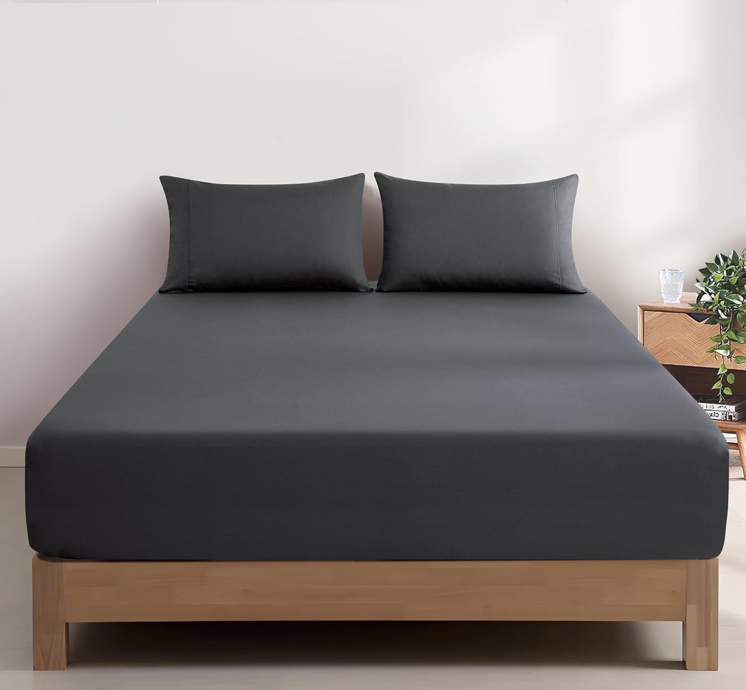 V439-DFSETWASHCC-202507150926-00 100% Vintage Washed Cotton Fitted Sheet Combo Set – 100% Natural Cotton, Ultra Soft & Breathable – Includes Fitted Sheet & Pillowcases – Machine Washable (Charcoal, King) - Image 1