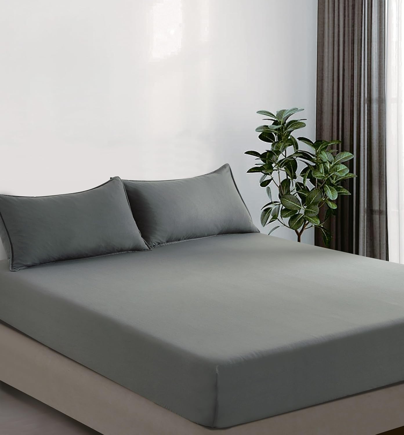 V439-DFSGREYWM-202507150916-00 100% Vintage Washed Microfibre Fitted Sheet Set – Ultra Soft & Lightweight All-Season Fitted Sheet with 2 Pillowcases (Grey, King Size) - Image 1