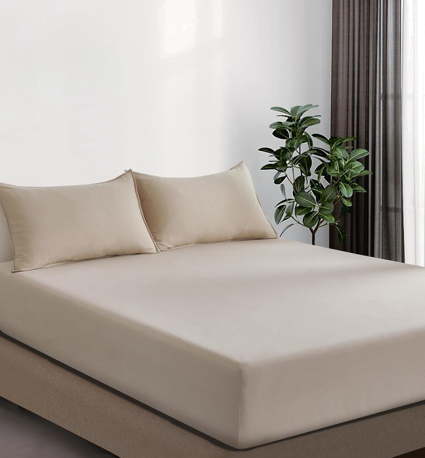 V439-DFSLINENWM-202507150911-00 100% Vintage Washed Microfibre Fitted Sheet Set – Ultra Soft & Lightweight All-Season Fitted Sheet with 2 Pillowcases (Linen, King Size) - Image 1