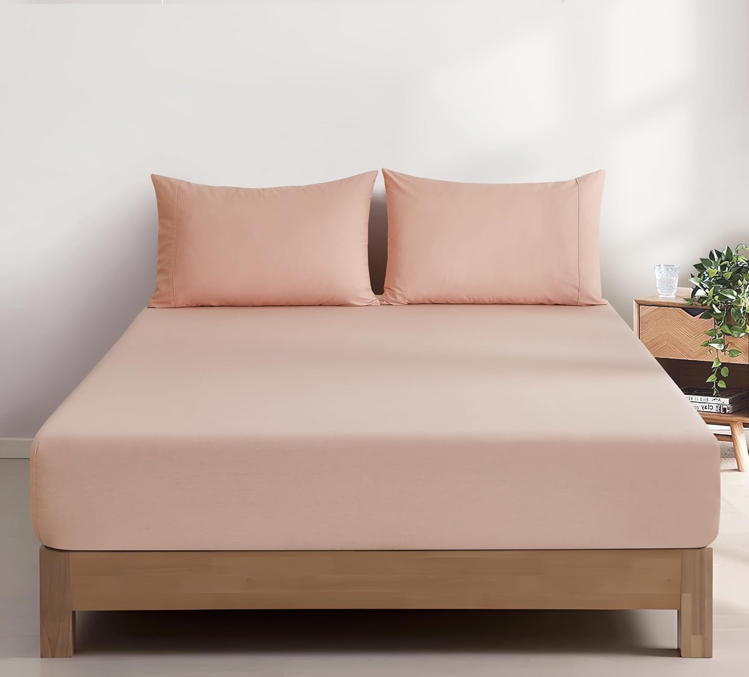 V439-KSFSETWASHP-202507150925-00 100% Vintage Washed Cotton Fitted Sheet Combo Set – 100% Natural Cotton, Ultra Soft & Breathable – Includes Fitted Sheet & Pillowcases – Machine Washable (Pink, King Single) - Image 1