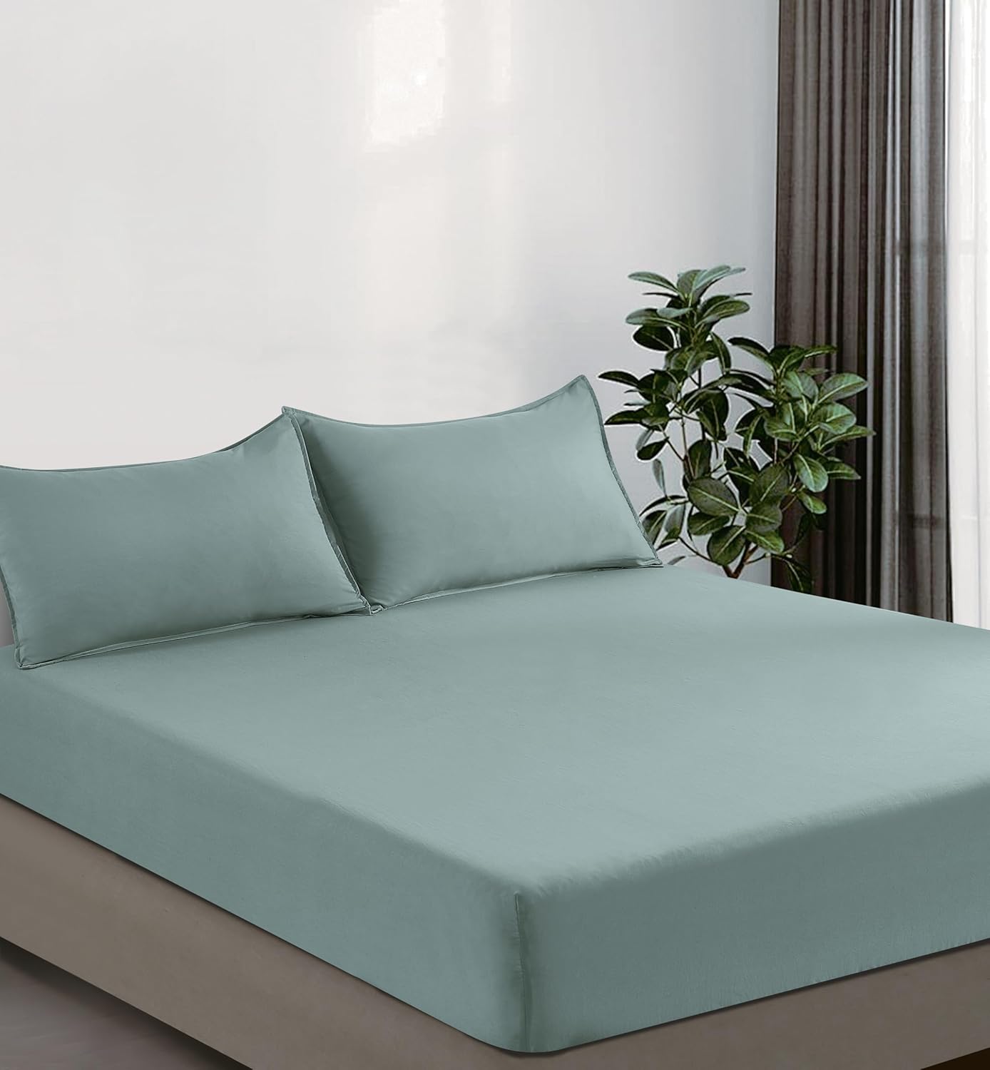 V439-KSFSSEAFOAMWM-202507150915-00 100% Vintage Washed Microfibre Fitted Sheet Set – Ultra Soft & Lightweight All-Season Fitted Sheet with 1 Pillowcase (Seafoam, King Single Size) - Image 1