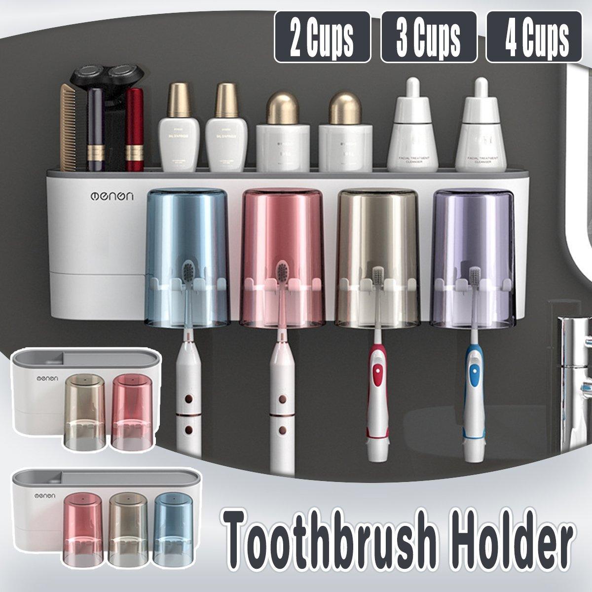 V528-2CUPS-TOOTHPASTEDISPENSER-706571-202510011000-00 Bathroom Wall Mounted Toothbrush Holder Toothpaste Stand Storage Rack With Cup - Two Cups Set - Image 1