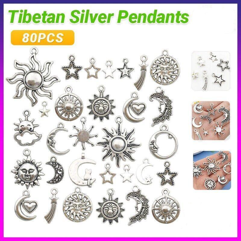 V528-80SILVERCHARMS-730510-202509291454-00 80Pcs Mixed Tibetan Silver Charms Pendants Jewelry Making Findings Diy Craft - Image 1