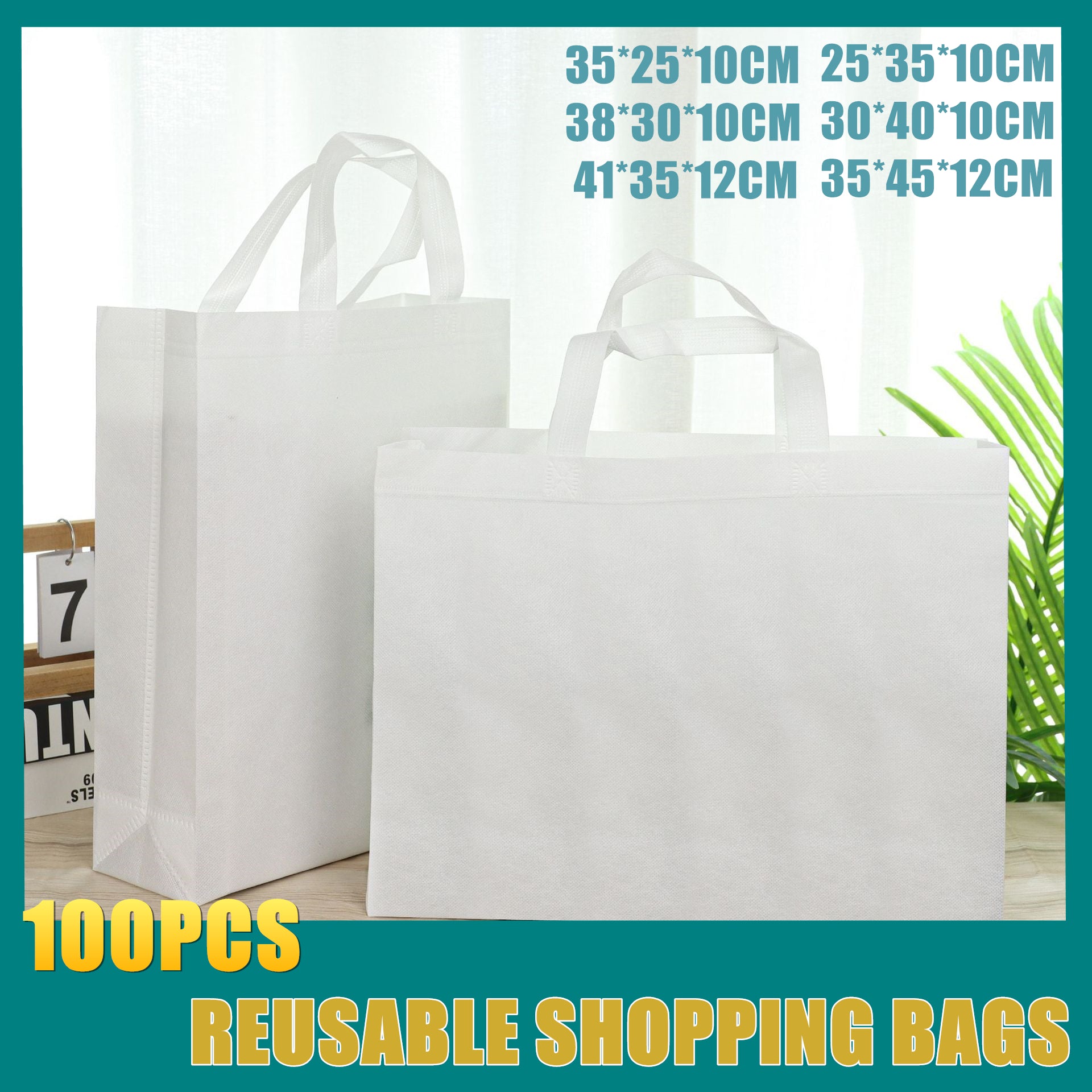 V528-9360312194592-202510011018-00 100PCS Reusable Non Woven Shopping Bags Eco Friendly Washable Tote Bags White - 41X35X12CM - Image 1