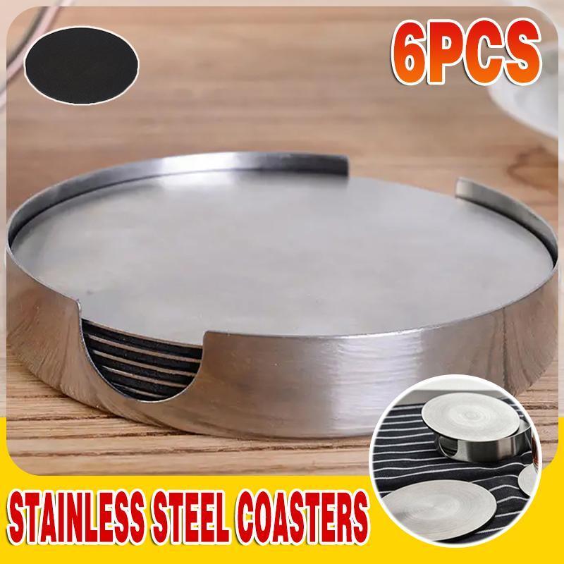 V528-9360312204321-202509251445-00 Stainless Steel Drink Coaster Set 6PCS Heat Resistant Cup Pads With Holder - Image 1