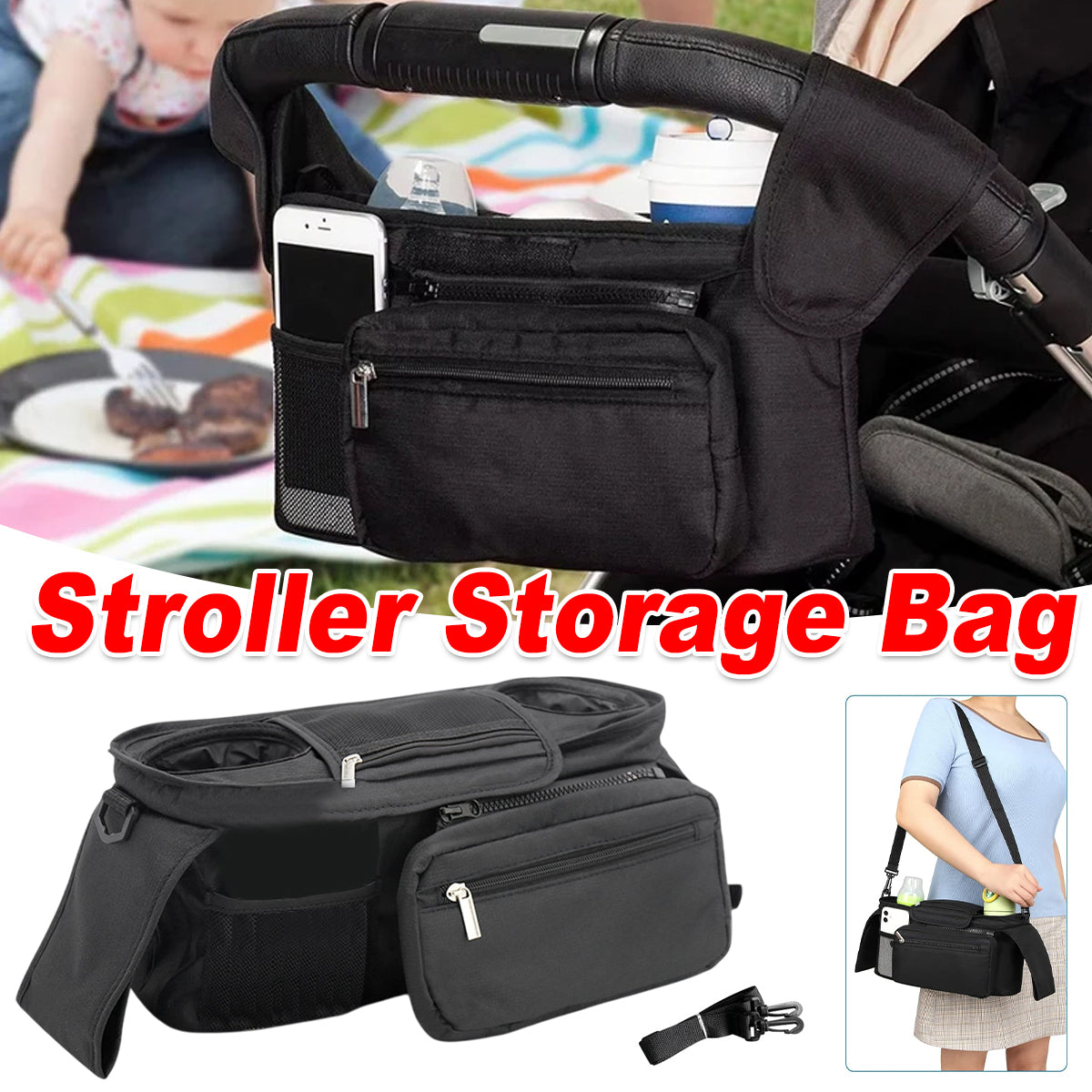 V528-BABY-CARRIAGE-BAG-300675-202509251104-00 Universal Stroller Organizer Bag Trolley Storage with Multi Pockets and Cup Holders - Image 1