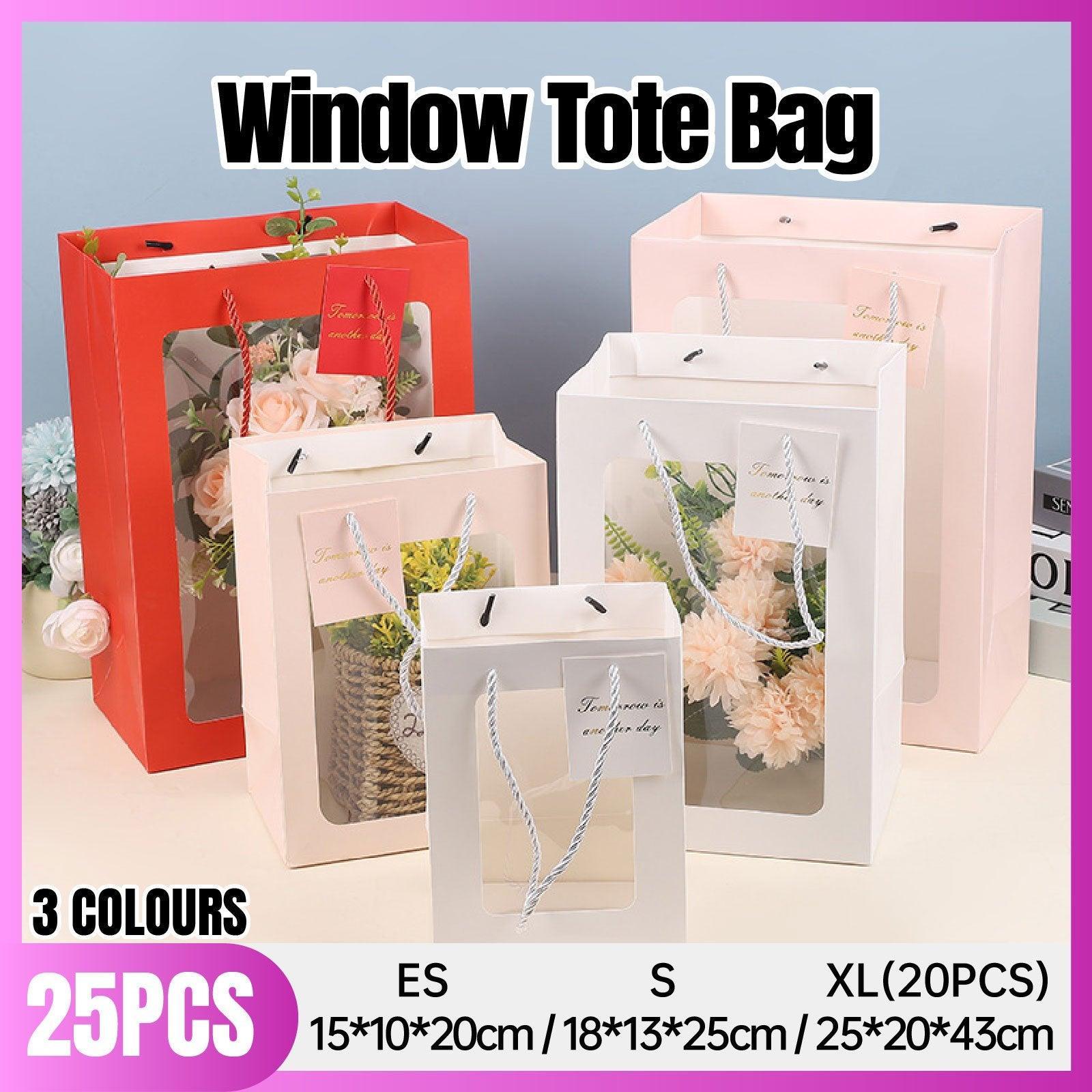 V528-BAG-25PCS-PINK-18-13-25-258148-202509302009-00 25x Thick Gift Bags with Transparent Window for Valentines Day Bouquets and Gift - Tote-Bag-25pcs-Pink-18-13-25cm - Image 1