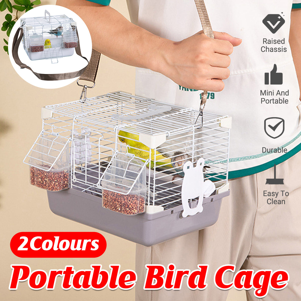 V528-BIRD-CAGE-GREY-524043-202510010609-00 Portable Bird Carrier Cage Backpack Travel Bird Cage Outdoor Ventilated Pet Bag - Grey - Image 1
