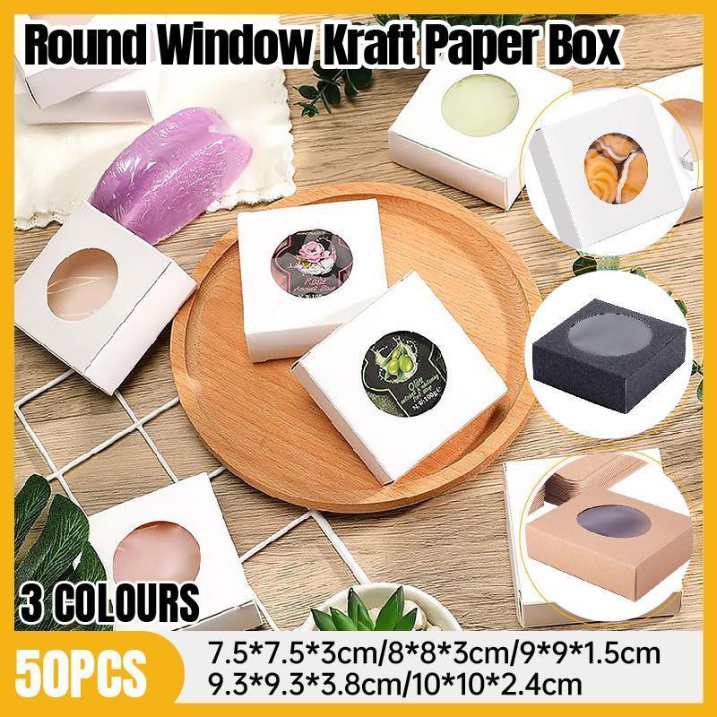 V528-BOX-50PCS-BLACK-8-8-3-861212-202509301600-00 50PCS Handmade Soap Paper Box Round Window Kraft Black White Candy Biscuit Box - Black-50pcs 8*8*3CM - Image 1