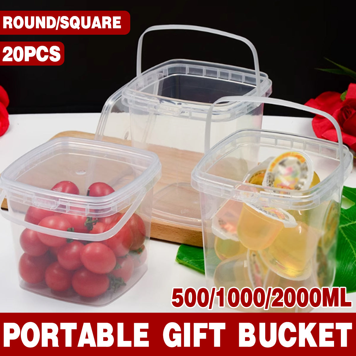V528-BUCKET-20PCS-1L-898855-202509302119-00 20pcs Plastic Round Bucket with Lid Transparent Portable Storage Gift Container - Round 1000ml - Image 1