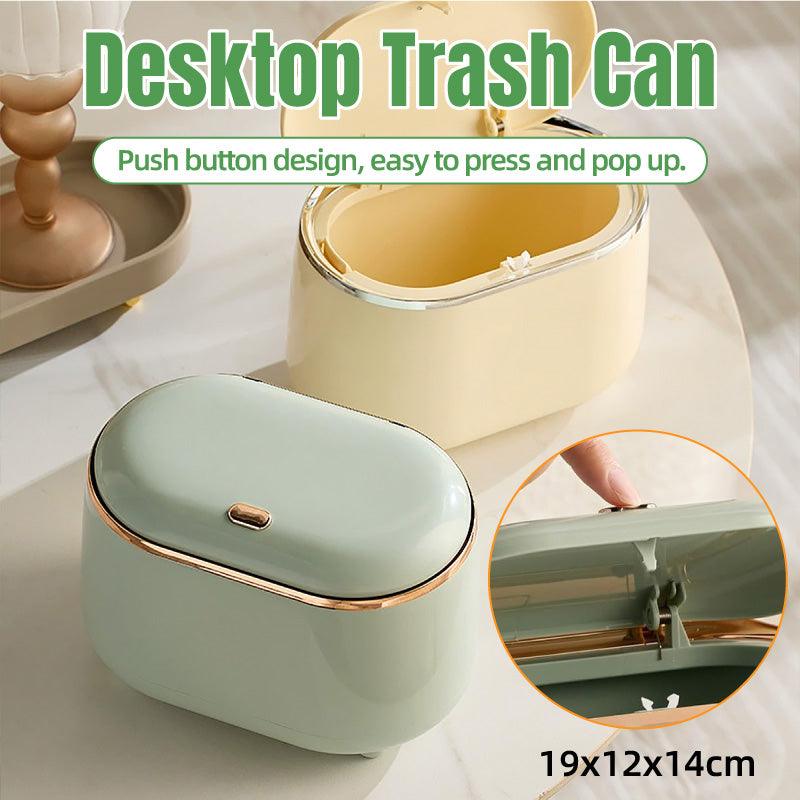 V528-CAN-GREEN-861483-202509301909-00 Small Desktop Trash Can Oval Pop Up Lid Rubbish Bin Waste Organizer Container - Green - Image 1