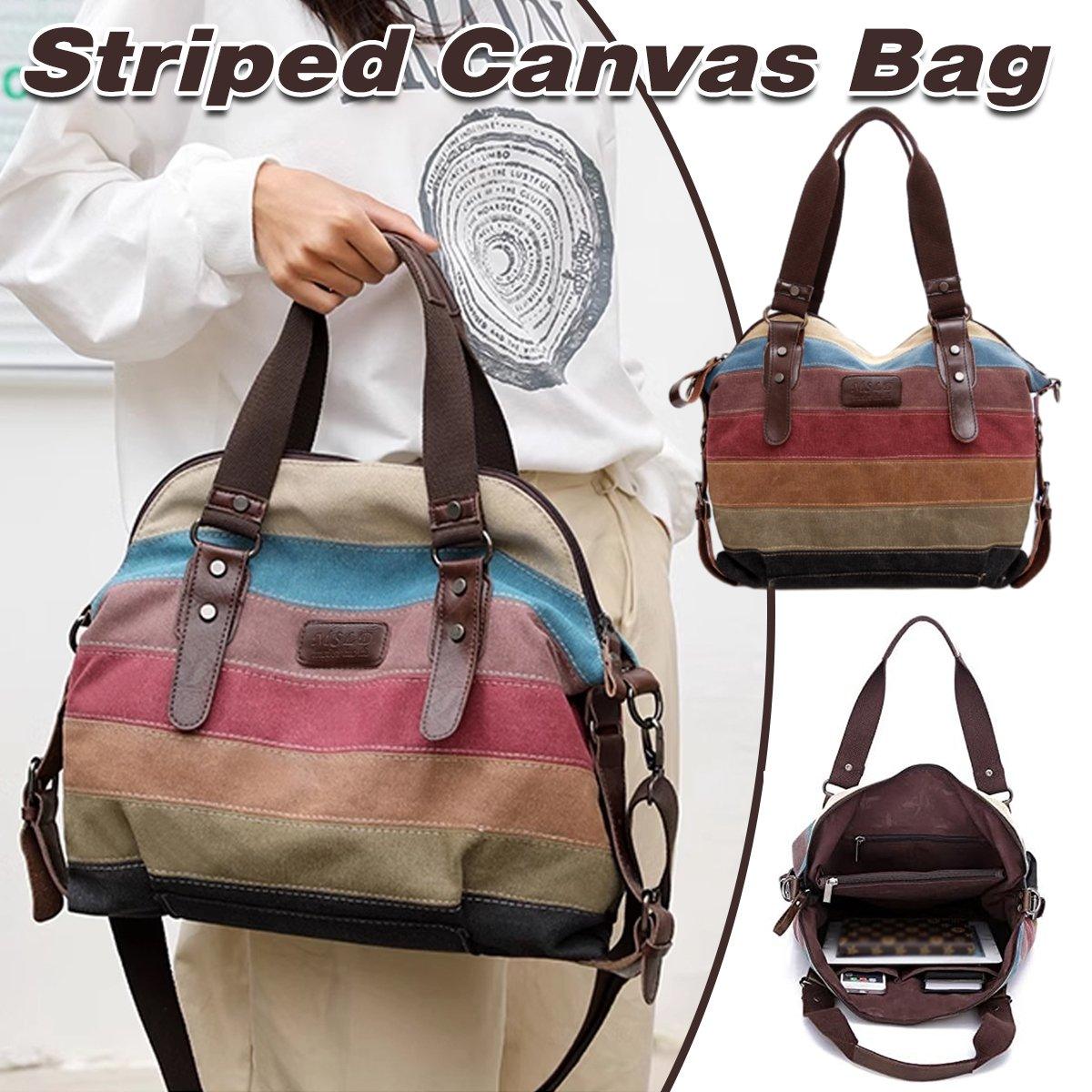 V528-CANVAS-BAG-305884-202509251220-00 Rainbow Stripe Canvas Bag Patchwork Tote Bag Fashion Handbag Women Shoulder Bag - Image 1