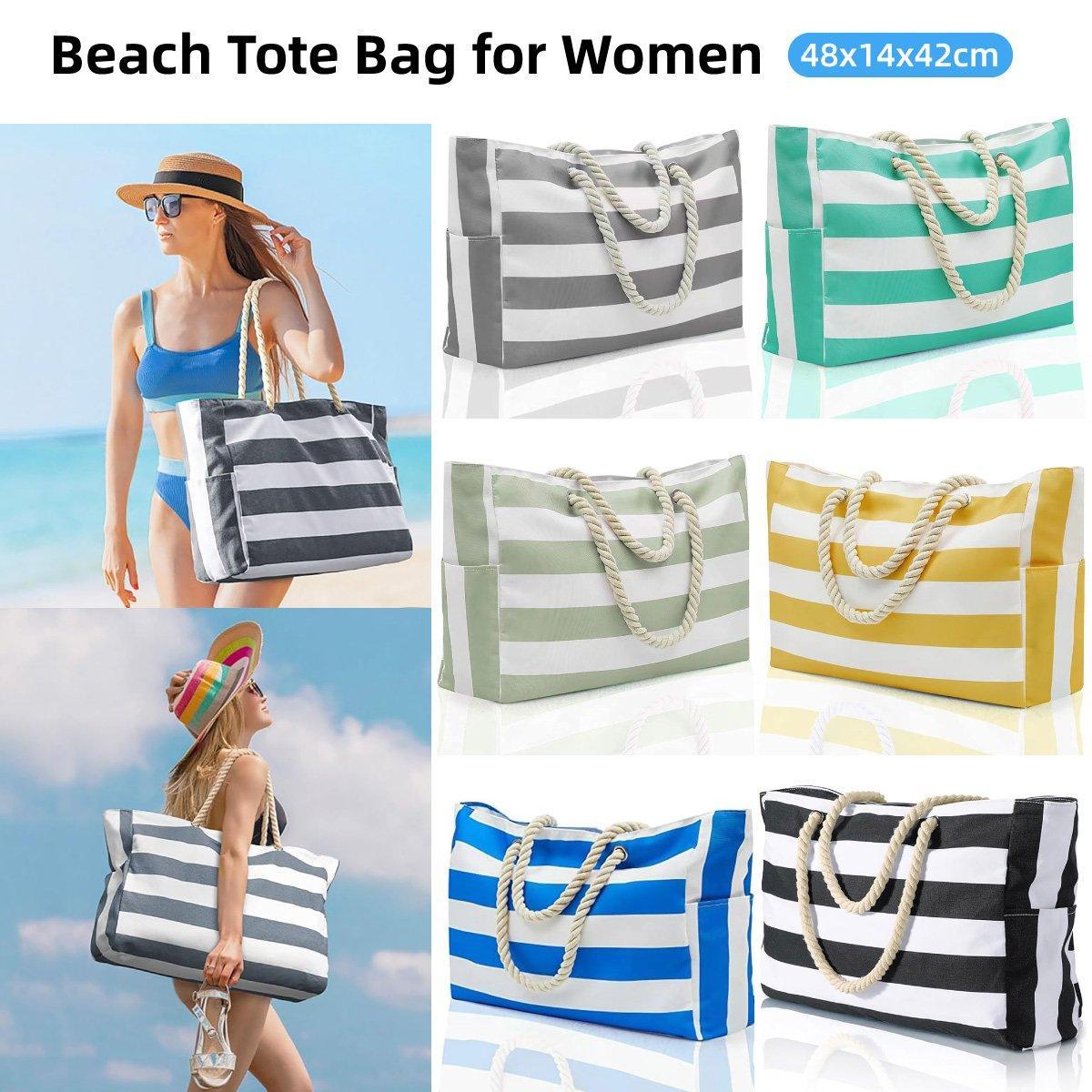 V528-CANVAS-BAG-YELLOW-136702-202509301319-00 Large Bohemian Striped Canvas Beach Bag Zipper Tote for Travel Outdoor Vacation - Yellow - Image 1