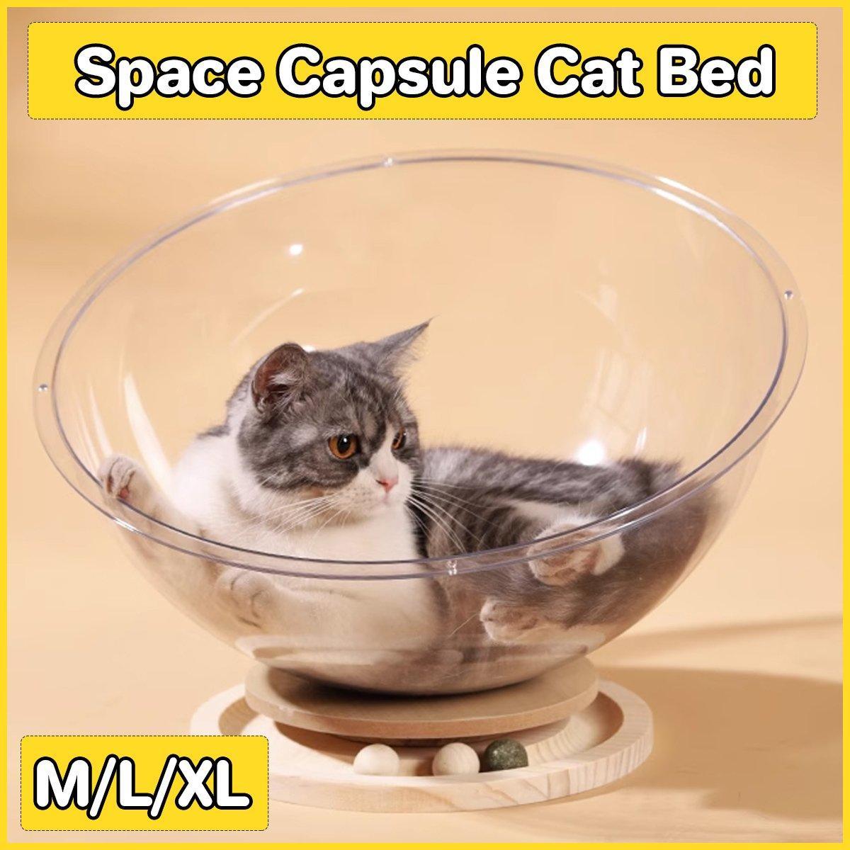 V528-CATTERY-ROUND-XL-361607-202510010327-00 Four Seasons Acrylic Space Capsule Cat Bed Semi-closed Cool Nest Turntable Toy - XL - Image 1