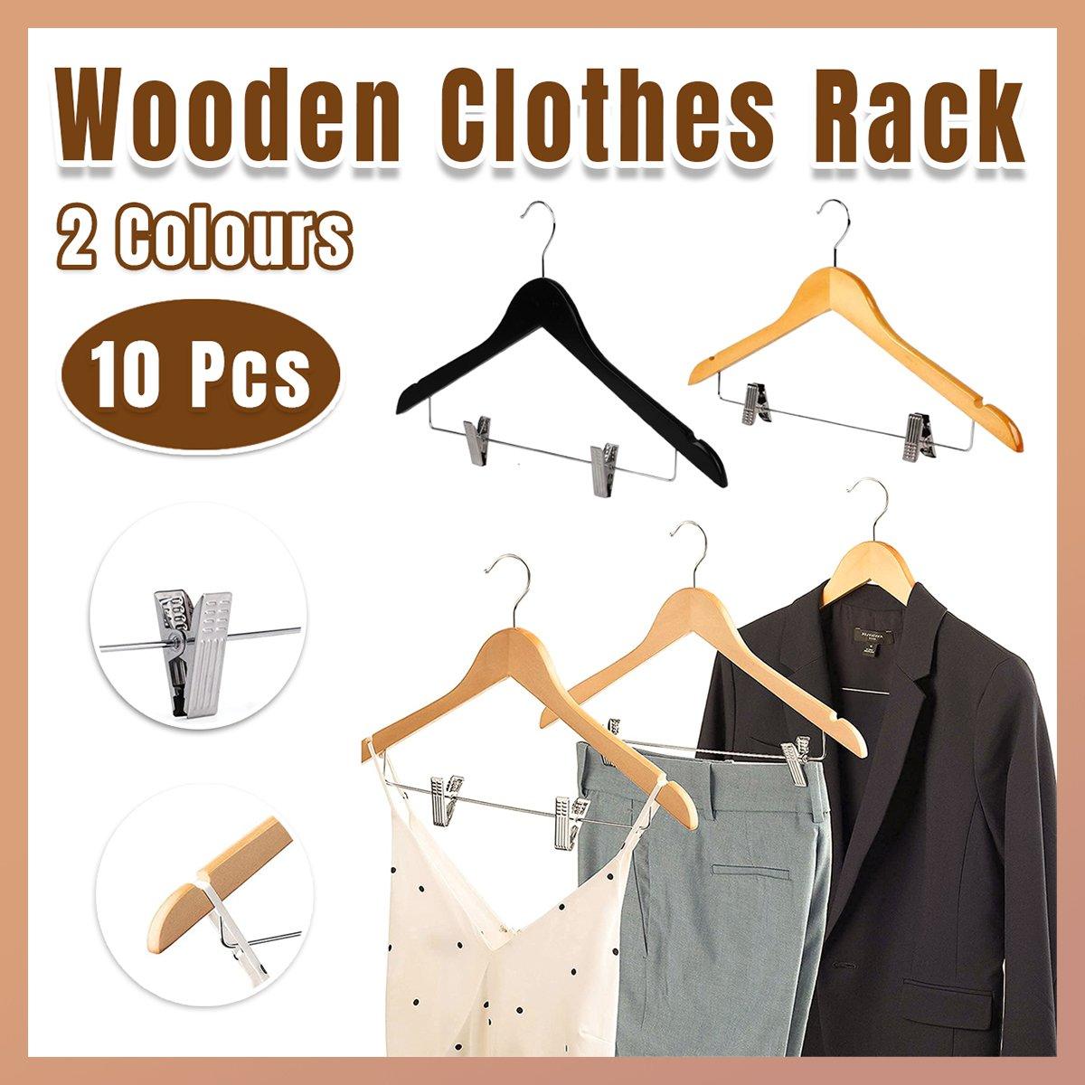 V528-CLIP-HANGER-WOOD-10PCS-797991-202509302318-00 10 Pcs Wooden Non-Slip Wide Shoulder Clothes Hanger with Clip for Hotel Wardrobe - Wood - Image 1