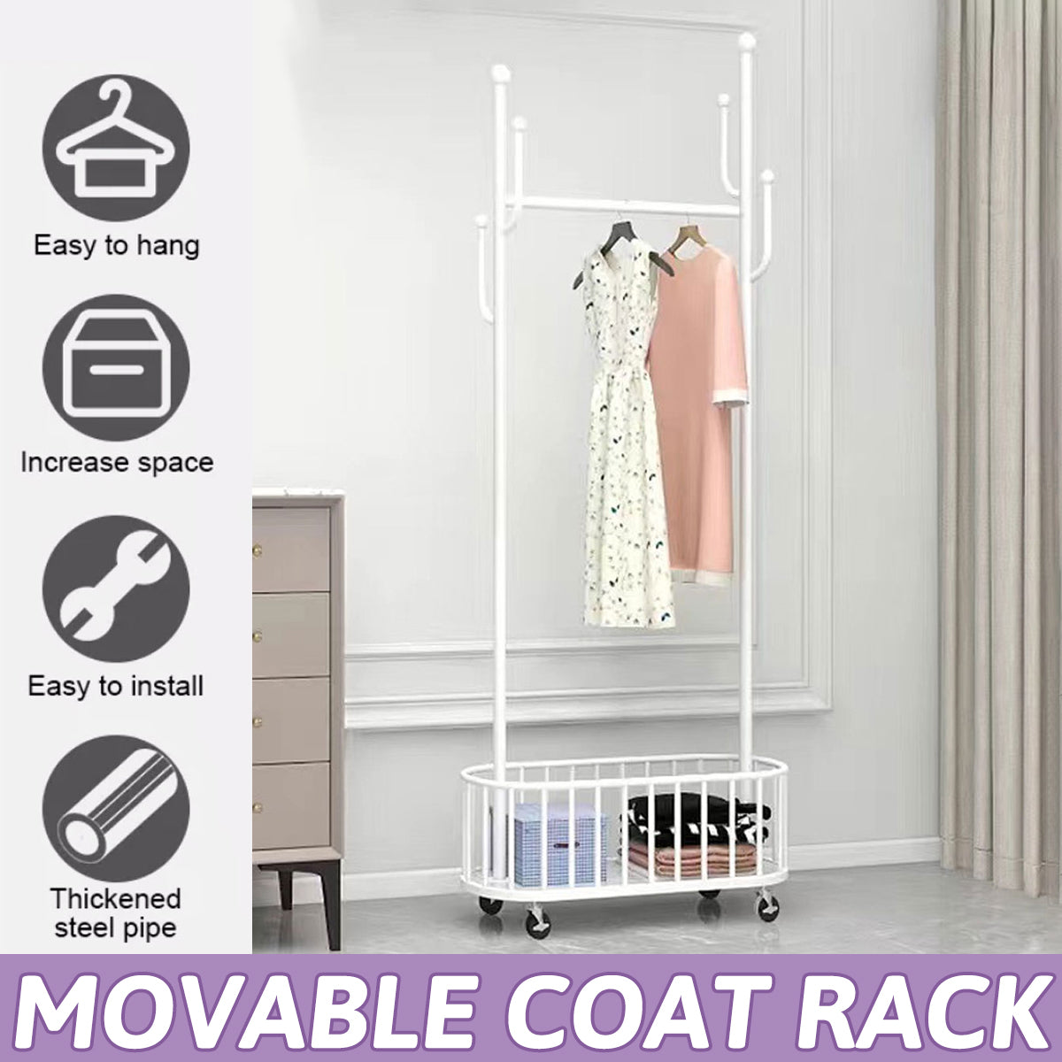 V528-CLOTHES-HANGER-WHITE-60CM-521974-202509251145-00 Clothes Hanger Stand Model Floor Standing Room Rack Movable Coat Rack Organizer - Image 1