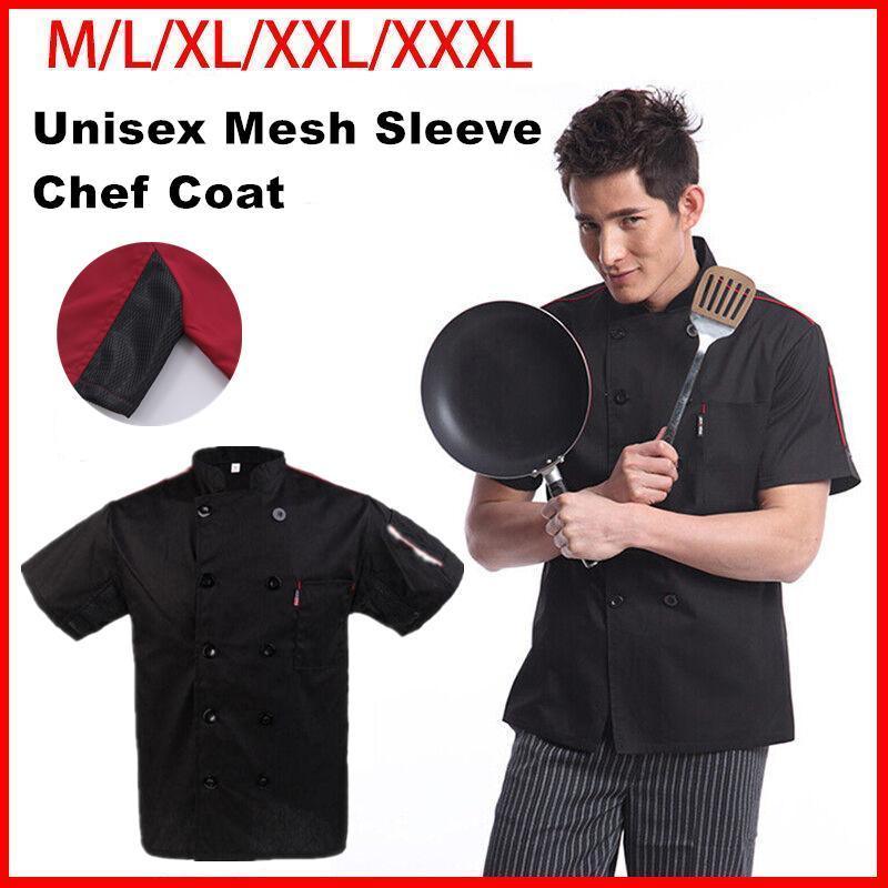 V528-CLOTHING-BLACK-2XL-17178-202509251532-00 Black Unisex Mesh Sleeve Chef Coat Jacket Restaurant Hotel Cook Short Uniform - 2XL - Image 1