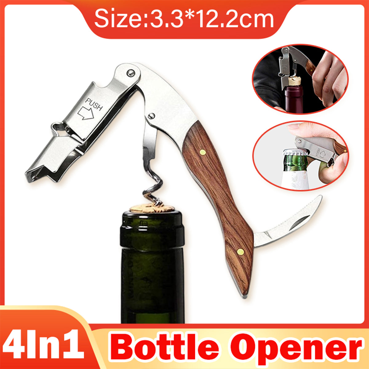 V528-CORKSCREW-WOODEN-HANDLE-944482-202509251331-00 Multi Functional Wine Opener 4 In 1 Bottle Corkscrew Opener Wine Bar Tool Kit - Image 1