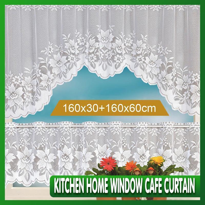 V528-CURTAIN-2PCS-17956-202509251146-00 2Pcs/Set White Lace Kitchen Home Window Cafe Curtain W Scallope Edge 160Cm Wide - Image 1