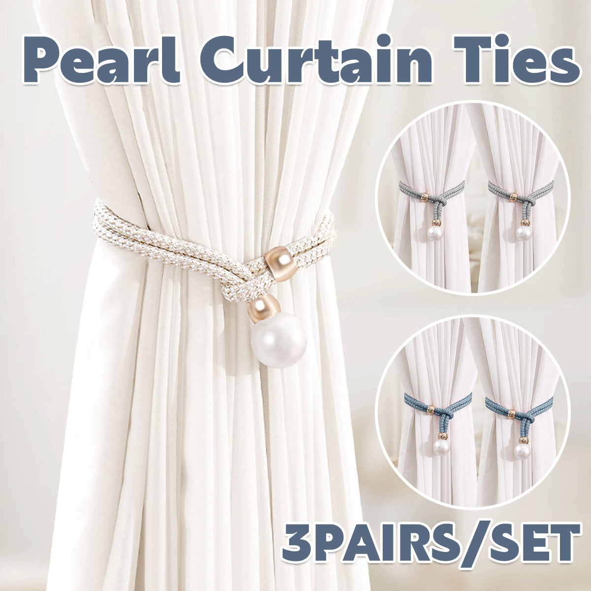 V528-CURTAIN-TIE-BLUE-3PAIR-796124-202509301918-00 Curtain Tiebacks Pearl Strap Set 3 Pairs Decorative Buckle Holder Rings Hooks - Blue - Image 1