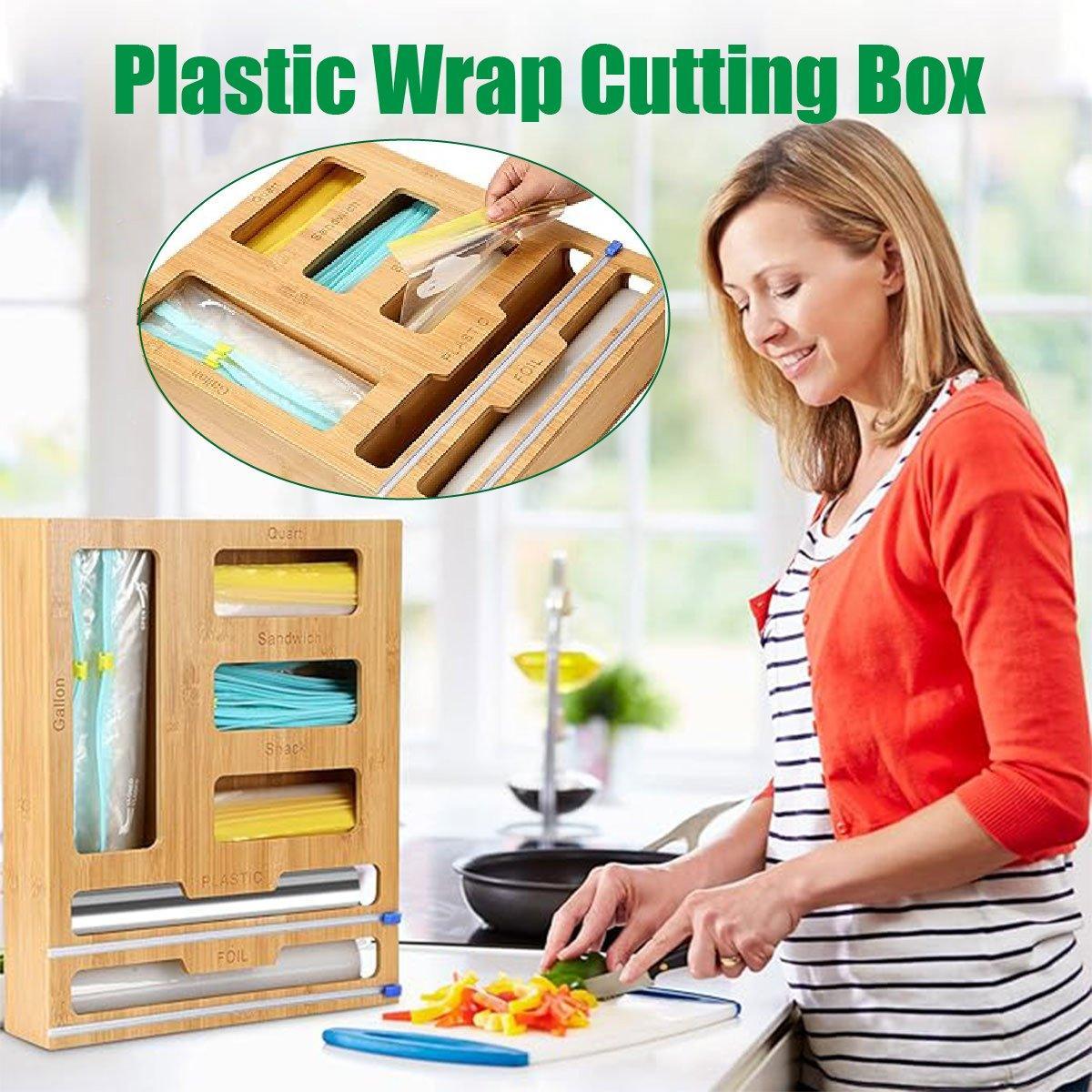 V528-CUTTING-BOX-284854-202509291745-00 Bamboo Kitchen Storage Box for Plastic Wrap Tin Foil Paper Cutter with Lid - Image 1