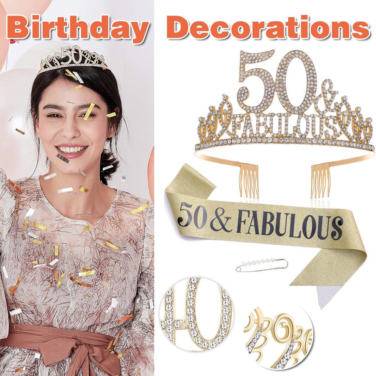V528-DIGITAL-CROWN-GOLD-50-600569-202509291818-00 50th Birthday Gold Party Set Hairband Crown Sash Belt Ceremonial Accessory Kit - Image 1