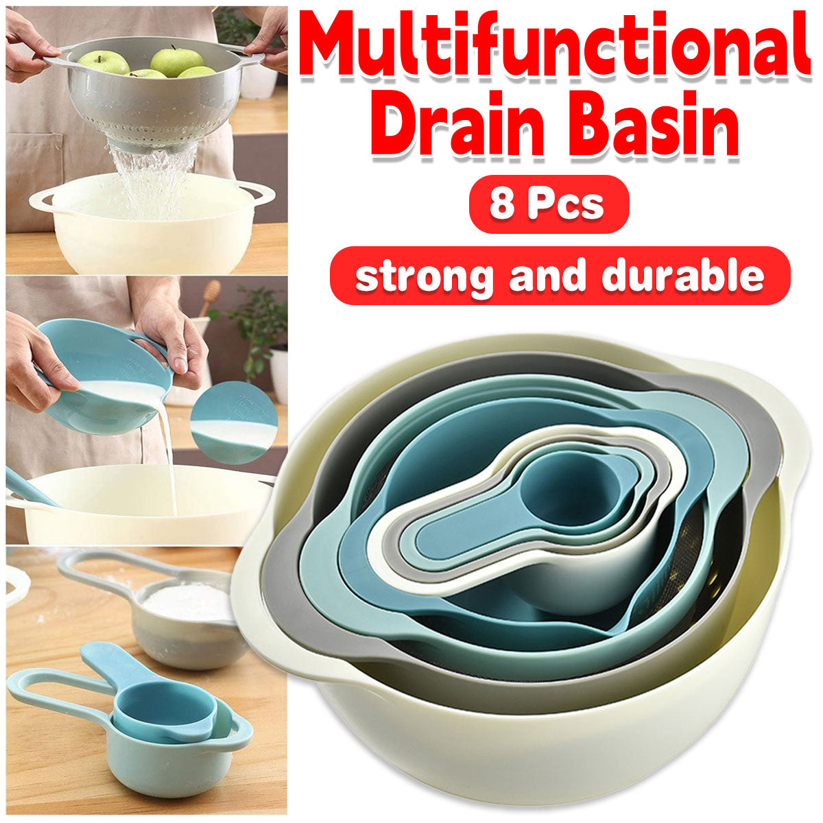 V528-DRAIN-BASKET-8PCS-305923-202509291545-00 8pcs Plastic Basin Set Drain Basket Washing Mixing Bowl Set Kitchen Baking Tools - Image 1