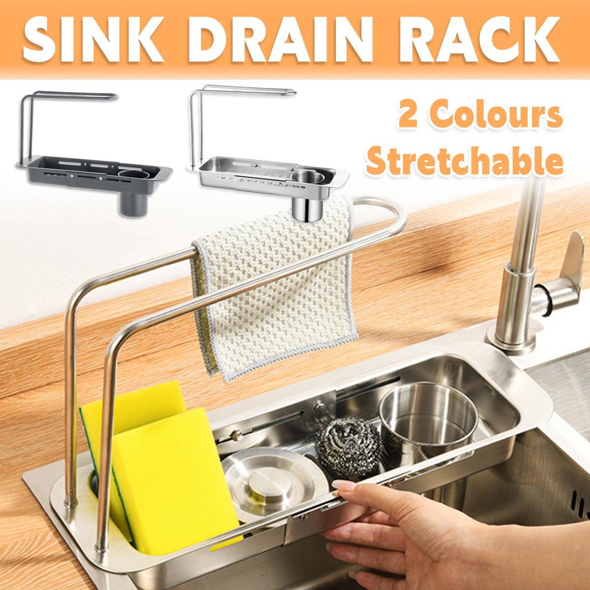 V528-DRAIN-RACK-GREY-774493-202510010527-00 Retractable Kitchen Sink Draining Rack Water Filter Basket Storage Shelf Home - Grey - Image 1