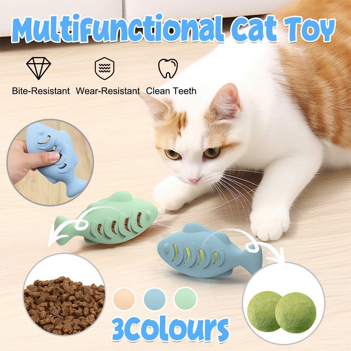 V528-FEEDER-BLUE-281364-202510010700-00 Interactive Cat Toys Fish Leaky Food Dispenser Fun Pet Play Chew Toy Durable - Blue - Image 1