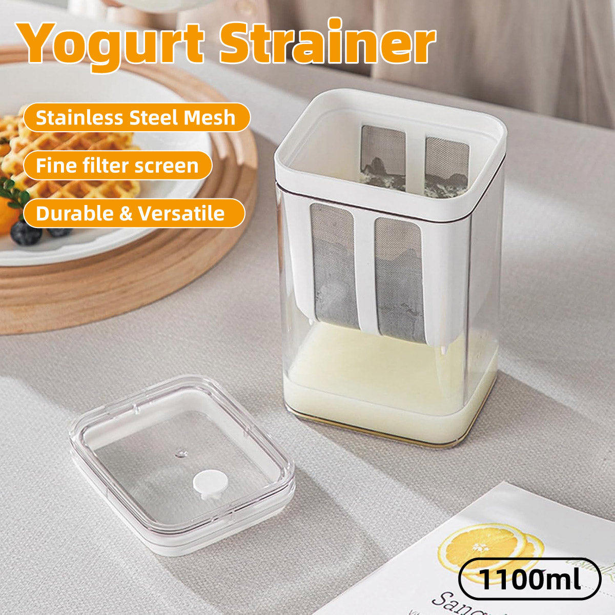 V528-FILTER-WHITE-247209-202509251020-00 Yoghurt Strainer Filter 1100ml Plastic Container for Draining Yogurt Cheese - Image 1