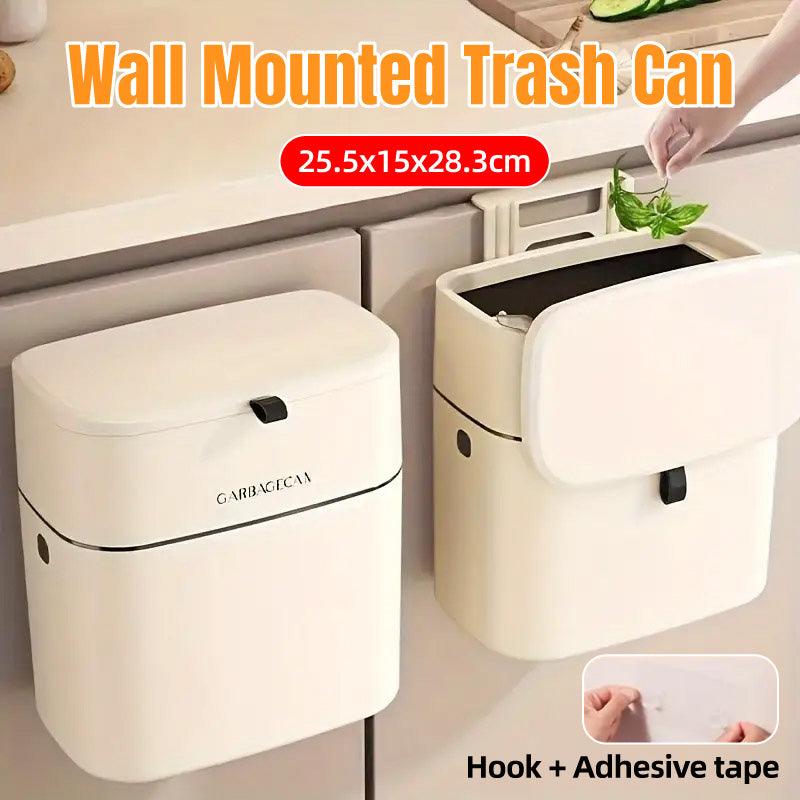 V528-GARBAGE-27-15CM-317136-202509291900-00 Wall Mounted Hanging Waste Bin with Lid Household Cabinet Trash Can Cream White - Image 1