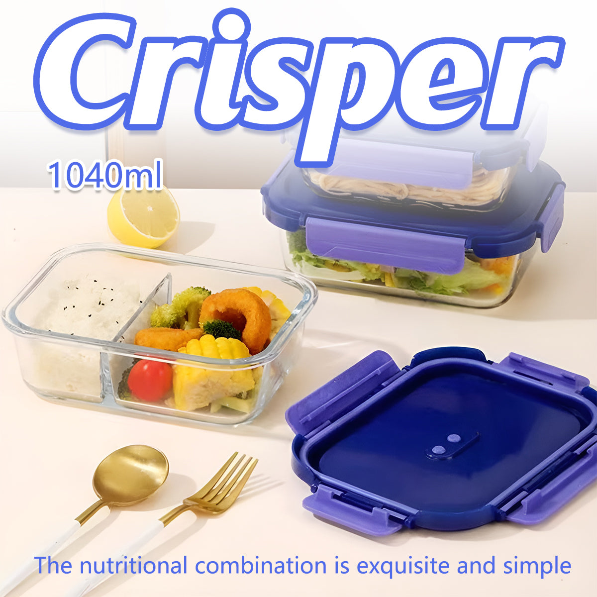 V528-GLASS-CRISPER-V6872-764584-202509250935-00 Glass Food Storage Container 1040ml Lunch Bento Box with Lid for Kitchen Prep - Image 1