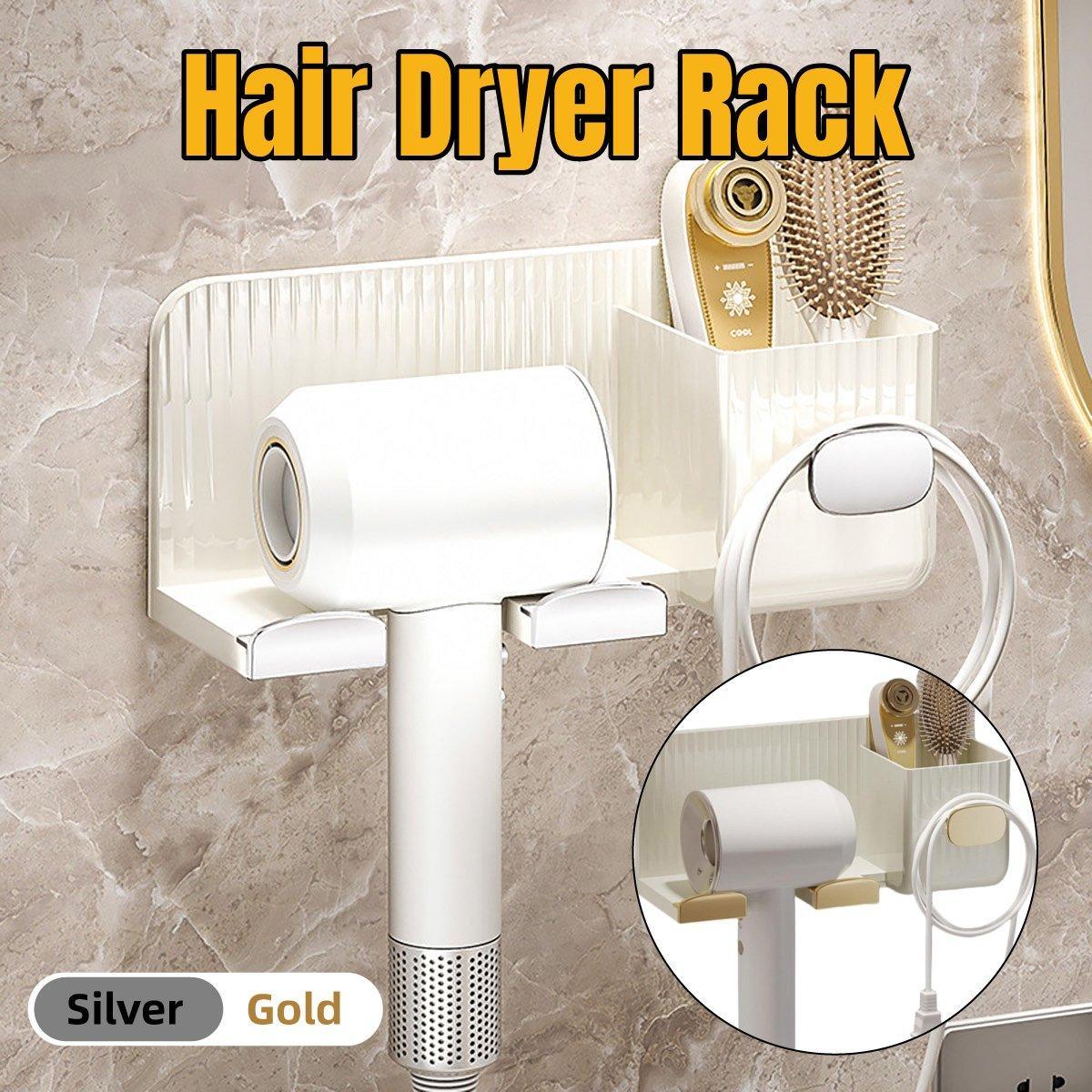 V528-HAIR-DRYER-RACK-GOLD-616222-202509190941-00 Hair Dryer Holder Rack Plastic Wall Mount No Drill Bathroom Organizer Storage - Gold - Image 1